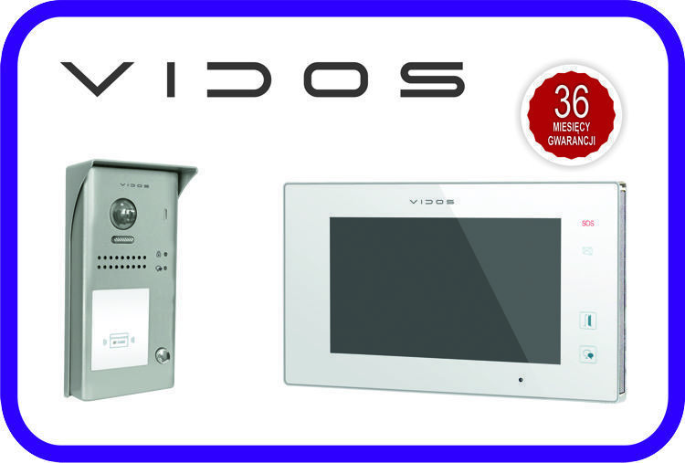 Zestaw cyfrowy systemu VIDOS DUO jednorodzinny złożony ze stacji bramowej S1101 z czytnikiem RFID i  monitorem panoramicznym M1021W-2 oraz zasilacza systemowego P26/18 . 