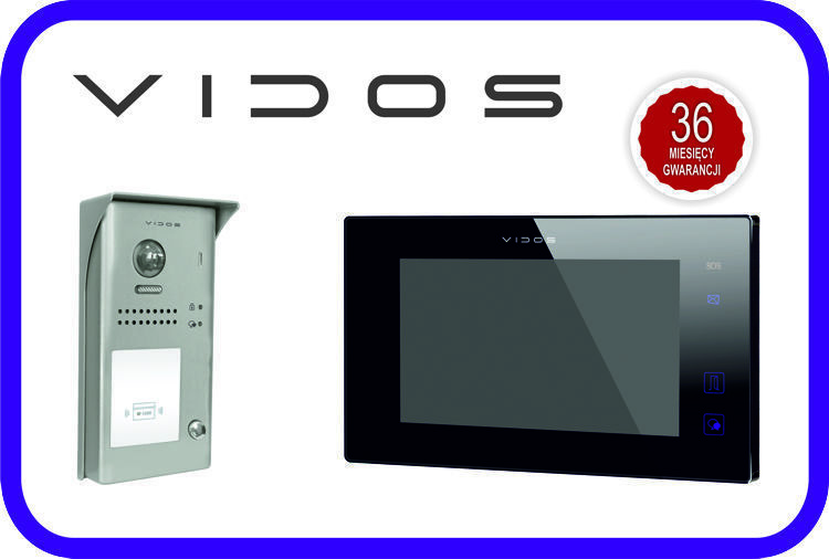 Zestaw cyfrowy systemu VIDOS DUO jednorodzinny złożony ze stacji bramowej S1101 z czytnikiem RFID i  monitorem panoramicznym M1021B-2 oraz zasilacza systemowego P26/18 . 